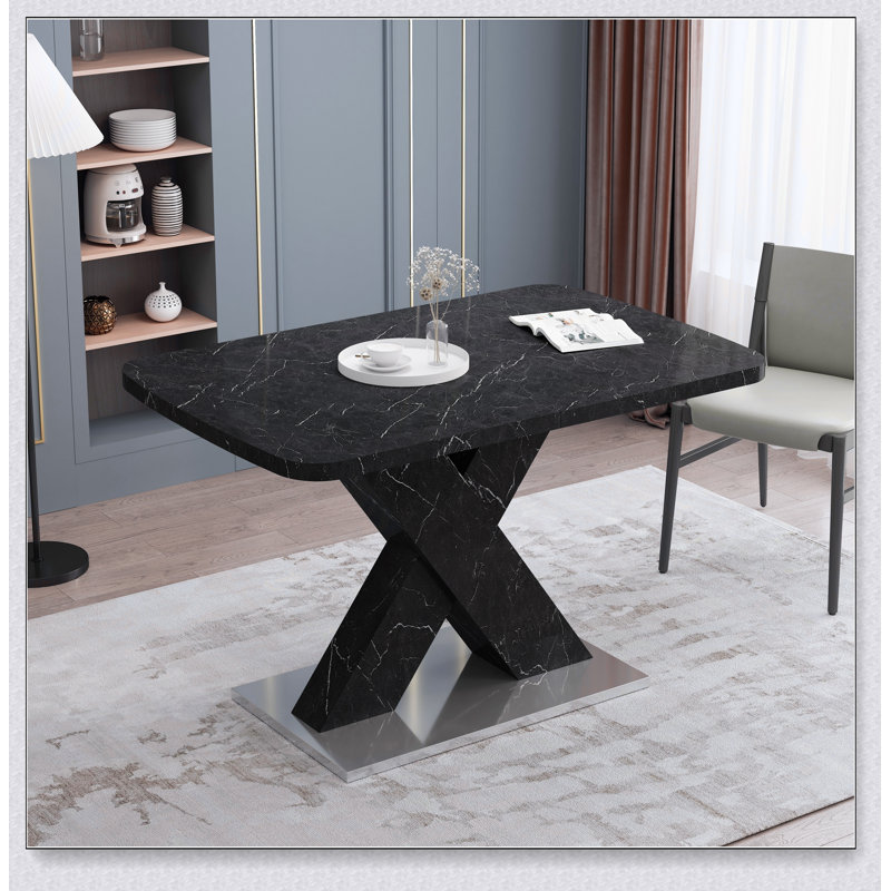 Table de salle à manger moderne carrée, extensible, avec pied de table en MDF en forme de X, Noir, Noir