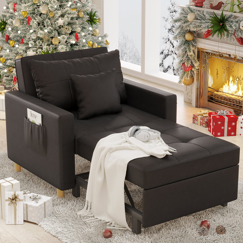 Emma-Leigh 1 Seater Fabric Accent Chairs Bed, Black Faux Leather