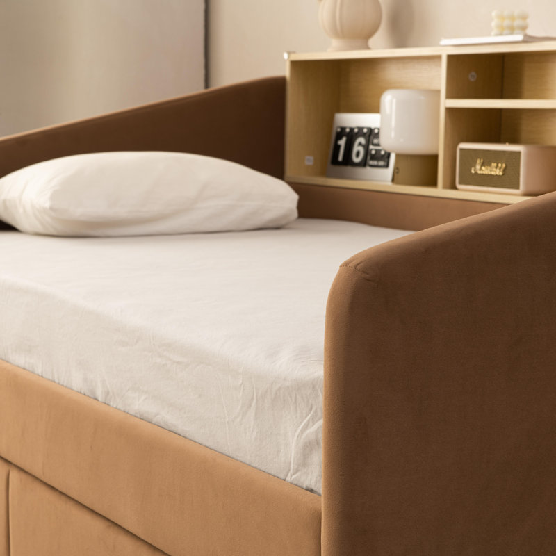 Lit de jour simple avec tablette et tête de lit tapissier 2 tiroirs Guisselle , Brun
