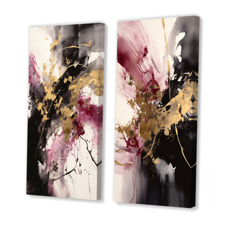 2 pièces sur toile - Or et rose fluides fusion, H 32 po x l 32 po, Toile tendue