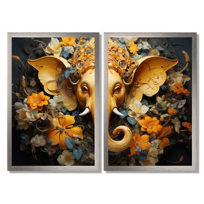 «Hindu Ganesha Elephant Dog Curmeric Tints» - Art mural de l'hindouisme, ensemble de 2 impressions sur toile spirituelles jaunes