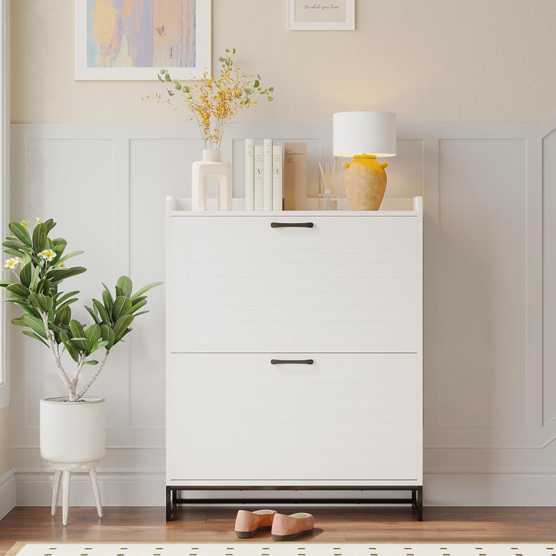 Shoe Cabinet with 2 Flip Drawers , Contemporary Slim Shoe Cabinet with Adjustable Dividers & Metal Legs, Freestanding Shoe Organizer with for Entryway, Hallway, Living Room, White