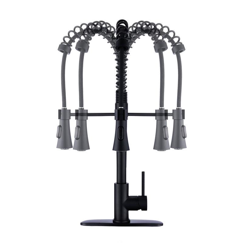 Robinet de cuisine commercial noir mat, poignée rétractable à arche haute, poignée simple, acier inoxydable 304, robinet à ressort à débit de 1,8 gal / min en noir, fonction de jet vers le bas, anti-rayures et rouille, 8 po