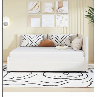 Lit de jour rembourré avec 2 tiroirs de rangement - Canapé-lit en lin - Sans sommier, multifonctionnel pour chambre à coucher / salon