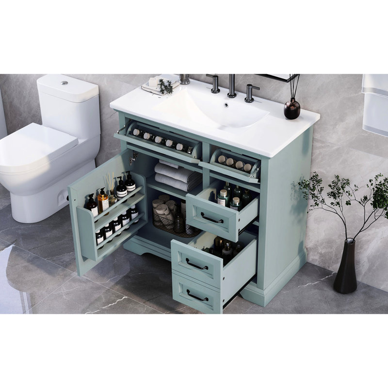 Lavabo de salle de bain 36 po, 4 pièces, lavabo à charnière de porte silencieuse, 4 tiroirs, Gris, 36"