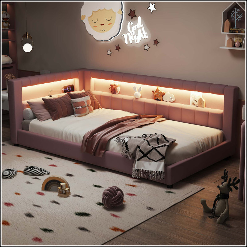 Lit plateforme simple tapissier XL avec lumières DEL et USB, Pink