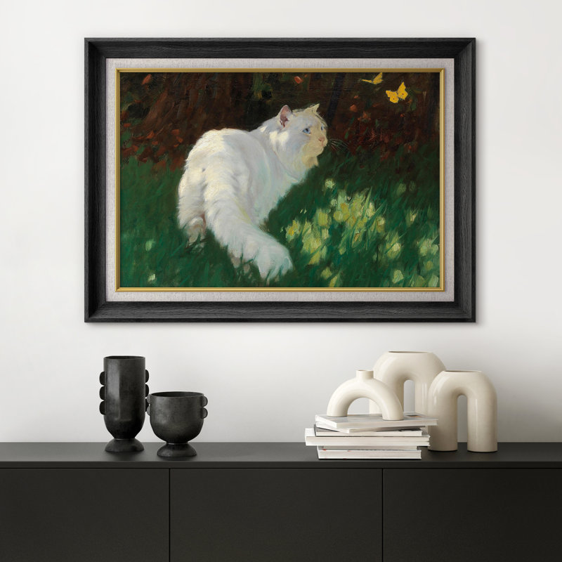 Art de chat blanc dans un pré vert, images de salon, impression sur toile encadrée sur toile., Black Premium Frame