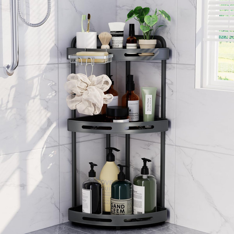 Étagère de rangement à 3 niveaux pour support de douche, étagère de rangement en aluminium antirouille avec porte-savon et crochets pour shampooing et nettoyant pour le corps