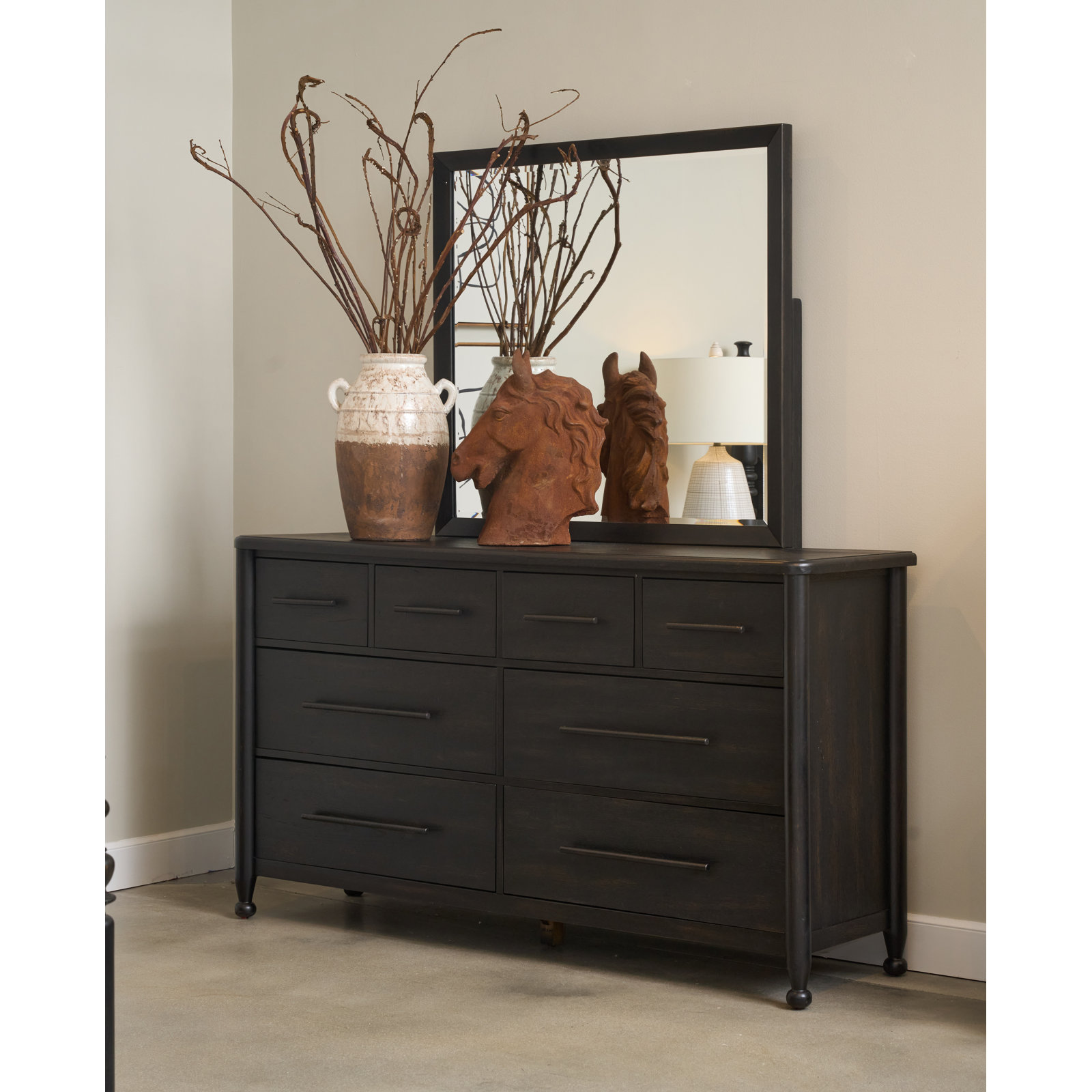 Ebony Dresser And Mirror Set