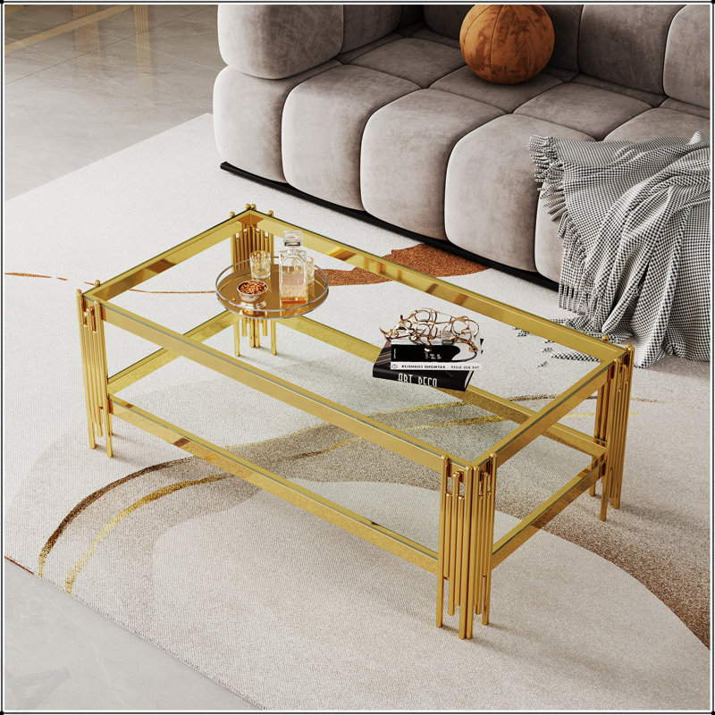 Table basse supérieure et inférieure en verre trempé à double couche et cadre en acier inoxydable à finition miroir