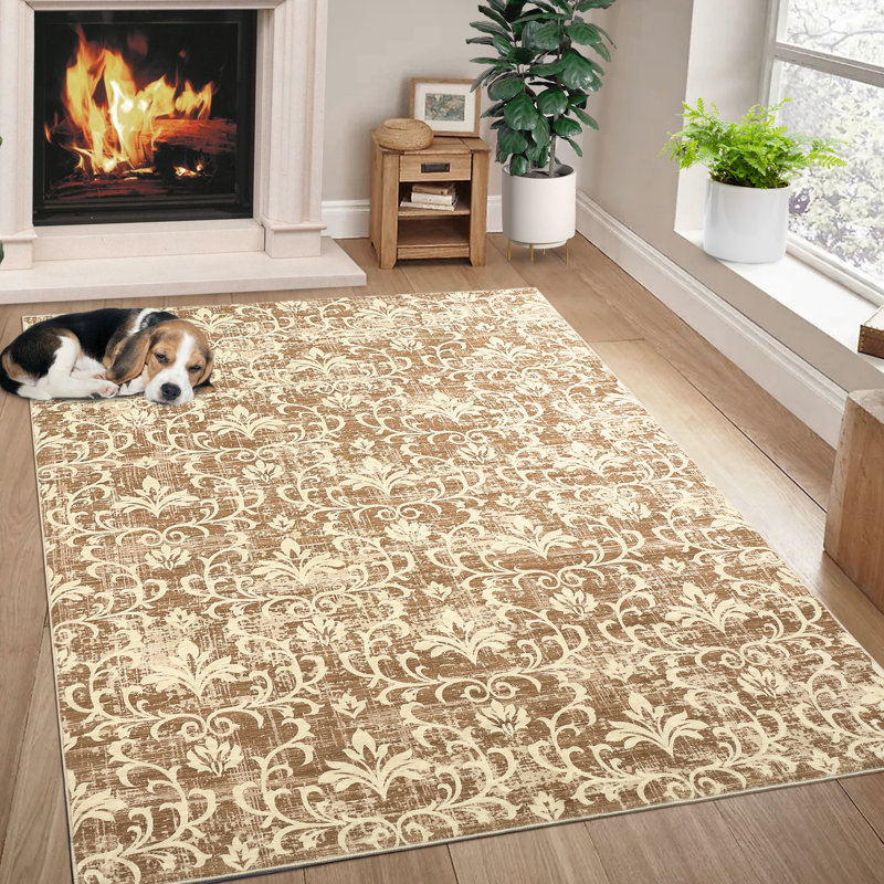 Vintage Damascus Floral Area Rugs, Machine Washable Non-Slip Carpet for Living Room, Bedroom, Home, Rectangle 5' x 7'