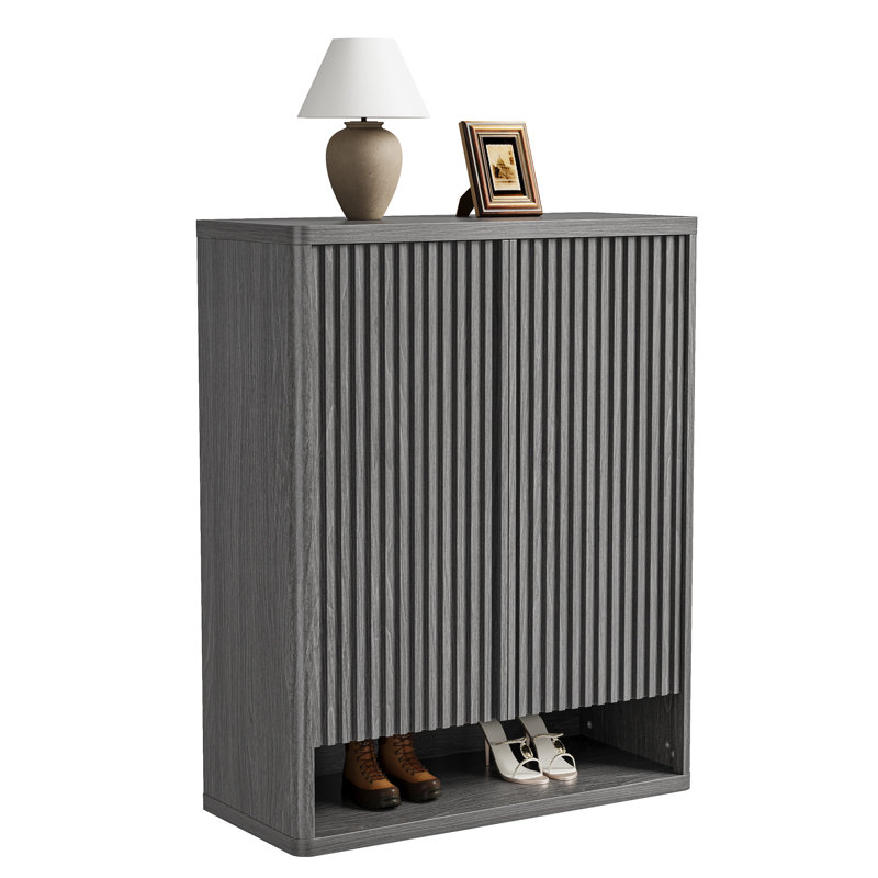 Modern Grey Shoe Cabinet 31.5" with Adjustable Shelves, Fluted Door – Narrow Standing Shoe Organizer, Holds 25–30 Pairs, for Entryway & Living Room, Grey Color