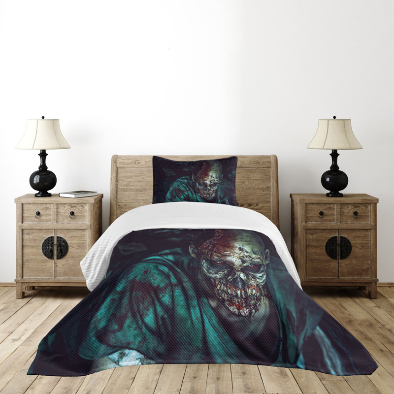 White Twin Quilted Bedspread Set with Zombie Design