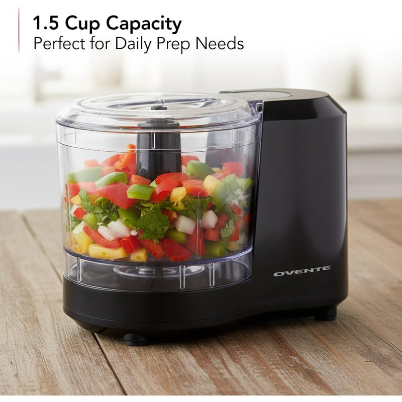 OVENTE 1.5-Cup Electric Food Chopper, 100W Food Processor with One-Touch Control and Stainless Steel Blade Ideal for Slicing Vegetable, Grinding, Shredding, Mincing, Puree and Meal Prep, Black PF1515B
