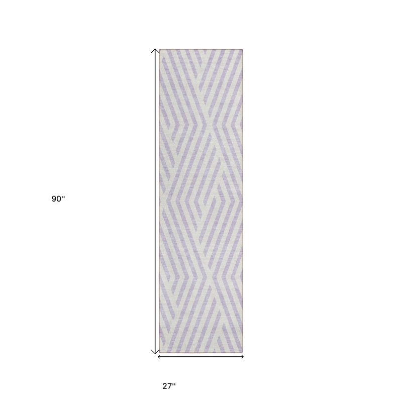 8' Runner Lavender and Ivory Geometric Washable Non Skid Indoor Outdoor Runner Rug