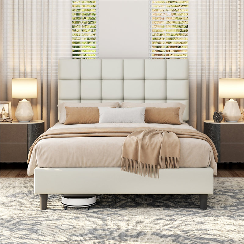 Size Modern Upholstered Bed Frame with Adjustable Square Tufted Headboard, Double (4'6), PU Leather/Cream