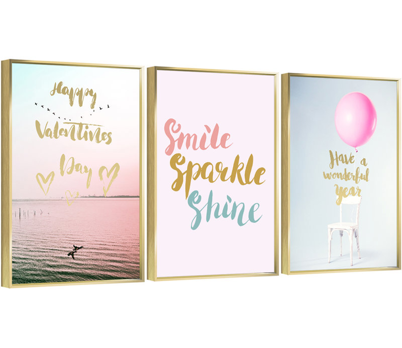 " Romantic " 3 - Pieces, Gold Canvas Framed, 16.3" H x 36.3" W x 1.65" D