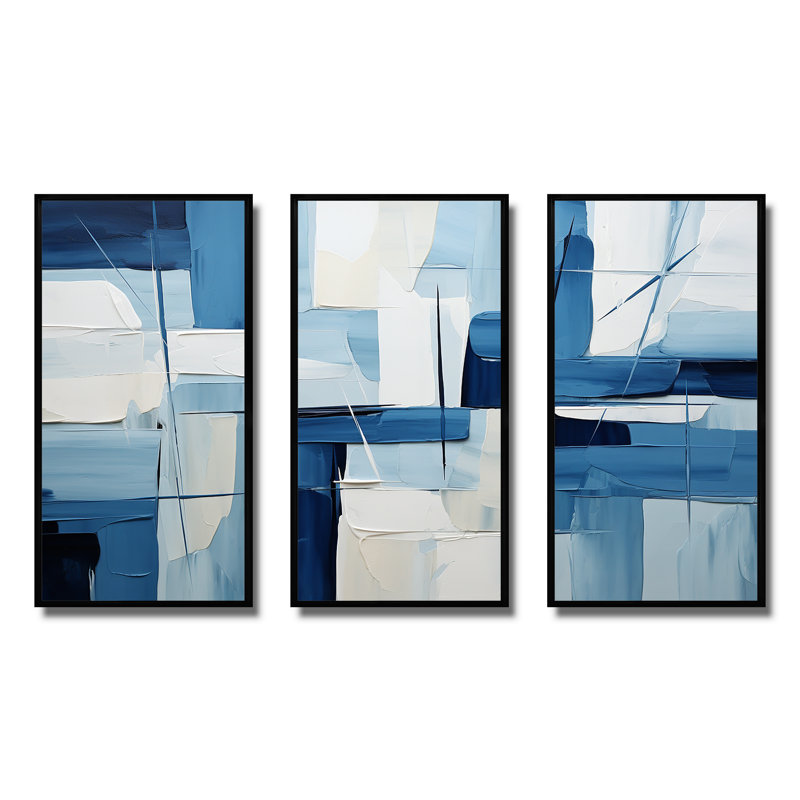 Nautique, formes géométriques blanches et bleues II - art mural géométrique, Cadre flottant noir, H 28 po x l 36 po x P 1 po