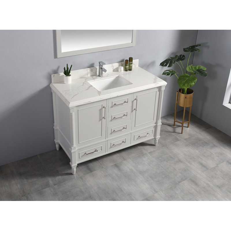 Ensemble de meuble-lavabo simple 60 po Flavell, Calacatta, bordure double ogee, Gris Coventry