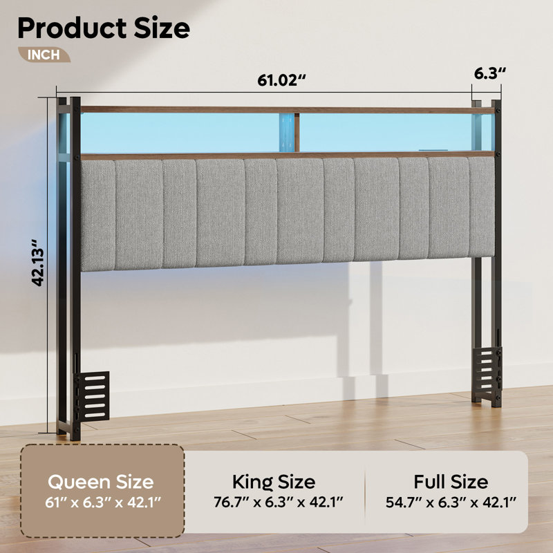 Storage Upholstered Headboard Metal Headboard With Charging Station LED Light And USB Port, Gray, Queen