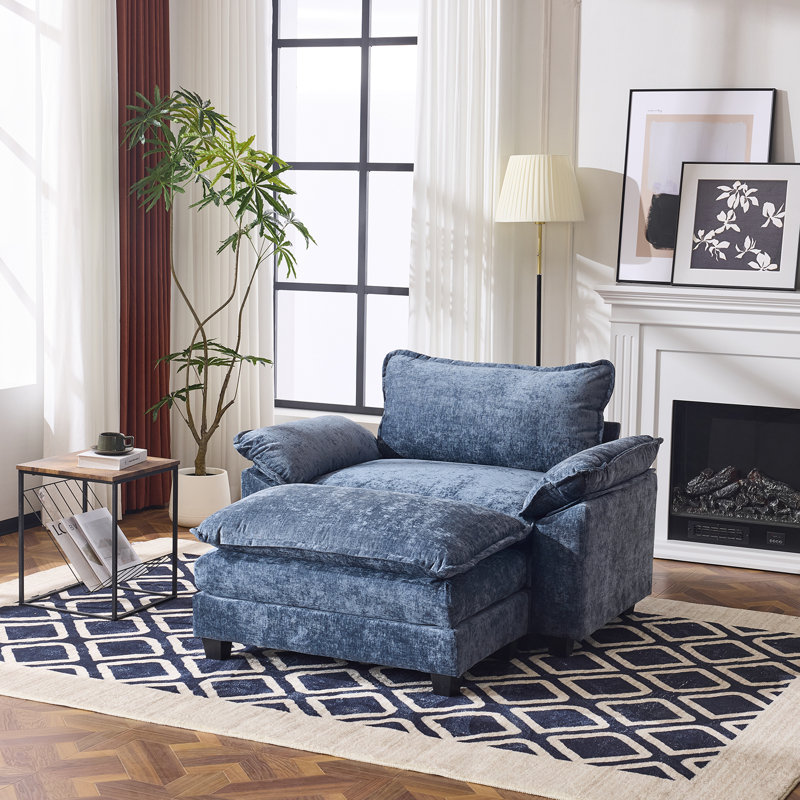 51.9'' W Double Layer Cushion Accent Chair With Ottoman, Blue Chenille