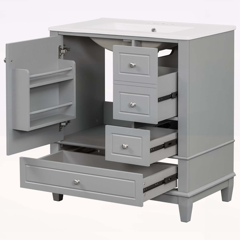 Bathroom Vanity with Sink,One Door with Shelf and Three Drawers, Gray
