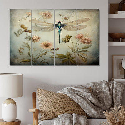 " Vintage Painting Of Dragonfly Flying II " 4 - Pieces