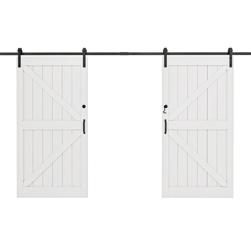 84''Manufactured Solid Wood Primed Double Sliding Barn Doors With Installation Hardware Kit(Door Lock included), 84" x 84"