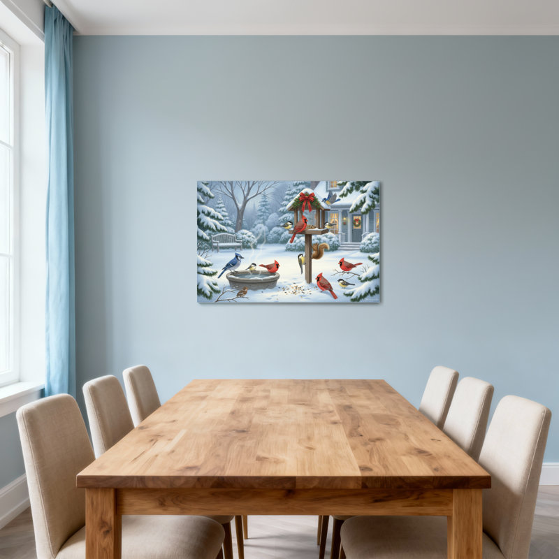 Oiseaux d'hiver de Noël se nourrissant dans une cabane d'oiseaux, H 24 po x l 36 po