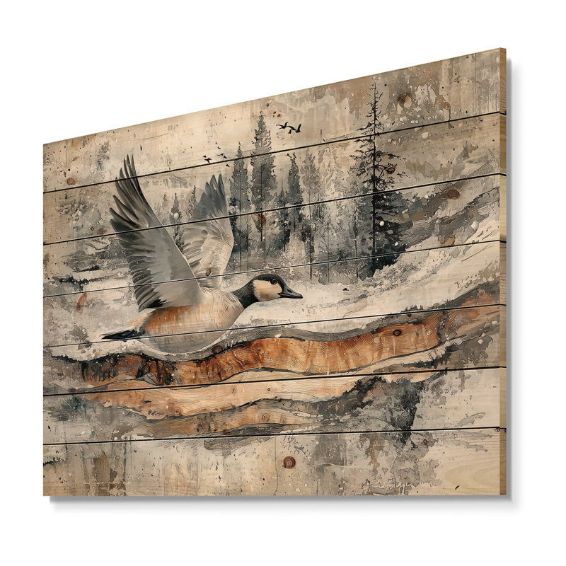 «Goose Animals Into A Winter Horizon II» - Décoration murale animal en bois d'oie - sur bois de pin naturel
