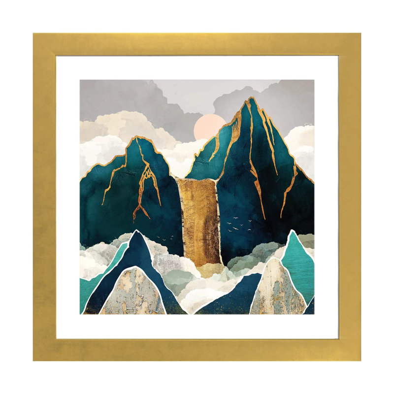 Golden Waterfall - impression d'art graphique, Papier encadré doré, Blanc, H 24 po x l 24 po x p 1 po