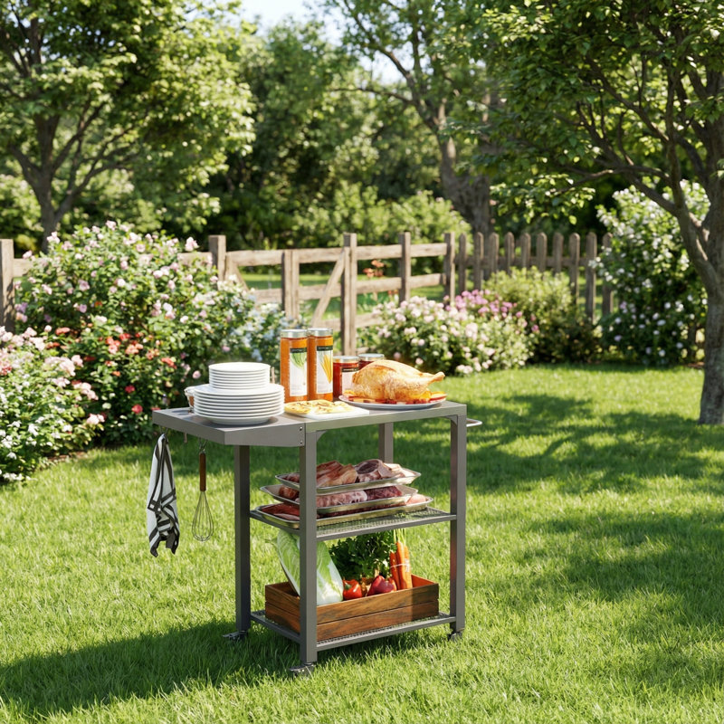 Stainless Steel Top Oven Stand with Foldable Side Table,Three-Shelf Outdoor Grill Cart Table with Hooks