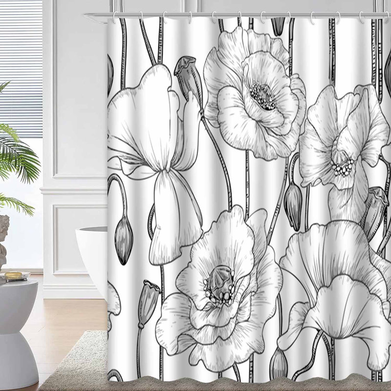 Poppy Sketch Black & White Florals Waterproof Shower Curtain with 12 Hooks, 72" L x 78" W