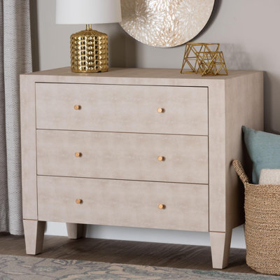 Foye Baxton Studio Leyna Modern Beige Faux Shagreen 3-Drawer Storage Cabinet Everly Quinn