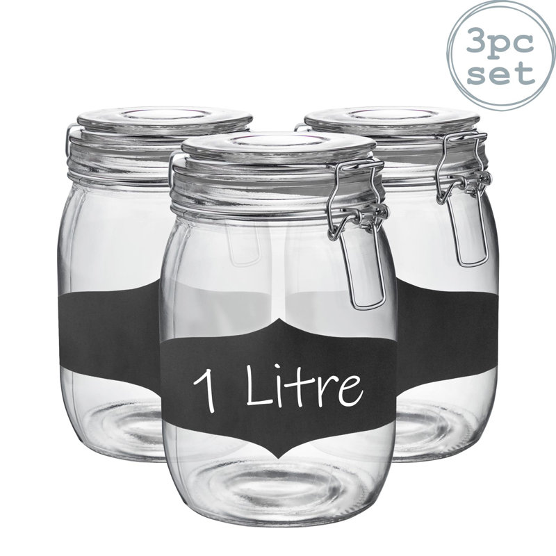 Argon Tableware - Glass Storage Jars with Labels - 1 Litre - Set of 3, Clear