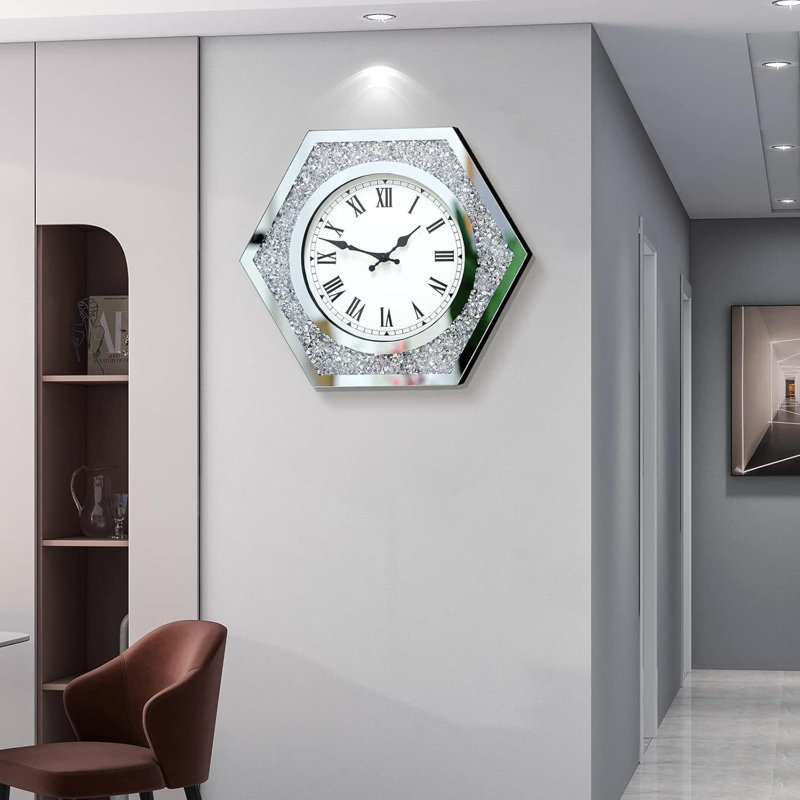 Horloge murale 20 pouces à miroir en diamant écrasé - Décoration en cristal silencieuse pour le salon