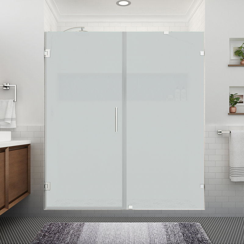 Nautis XL 69.25 to 70.25 in. W x 80 in. H Hinged Frameless Shower Door W/ Ultra-Bright Frosted Glass, Chrome