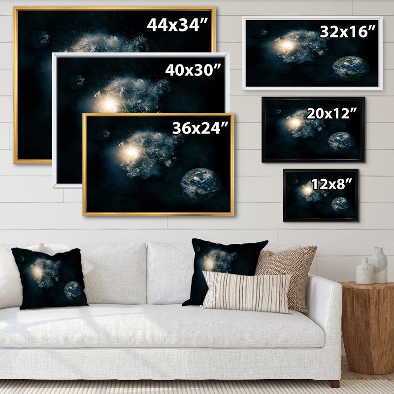 Asteroïd Space Art - Art mural moderne sur toile, H 12 po x l 8 po x P 1 po, Cadre flottant doré