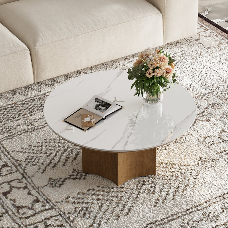 Table basse moderne 36 "avec base en bois Polygonal, table basse ronde en faux marbre blanc pour salon, bureau