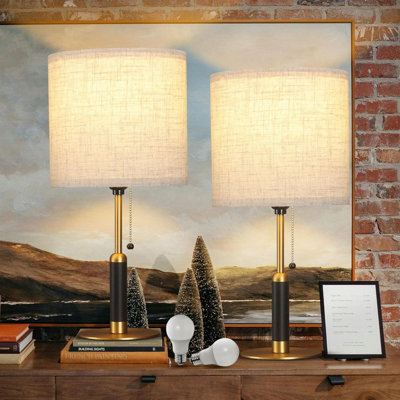 Ensemble de 2 lampes de table rétro avec température tricolore, contrôle par chaîne, design en bois et en tissu pour la chambre à coucher, le salon et le bureau à domicile