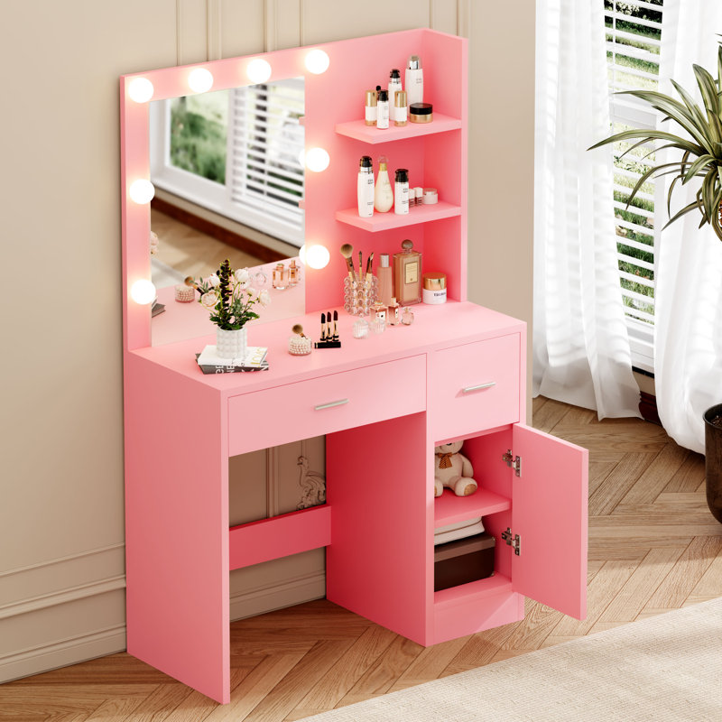 Bureau de maquillage avec lumière et miroir, Rose