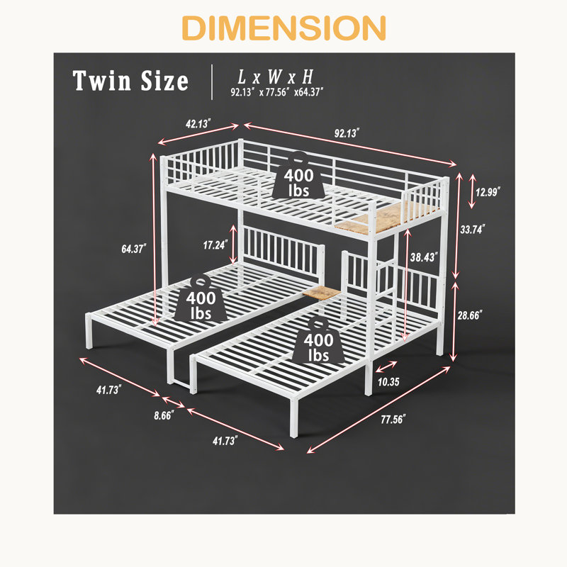Triple lit superposé pour enfants, 3 lits superposés pour 3 personnes, lits superposés en métal, séparé en 3 lits simples, structure à réduction de bruit