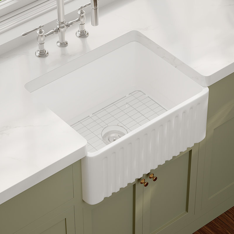  Brooklyn 24" W x 18" D Ceramic Farmhouse Apron-Front Kitchen Sink With Sink Grid and Basket Strainer, 24" L x 18" W x 10" H
