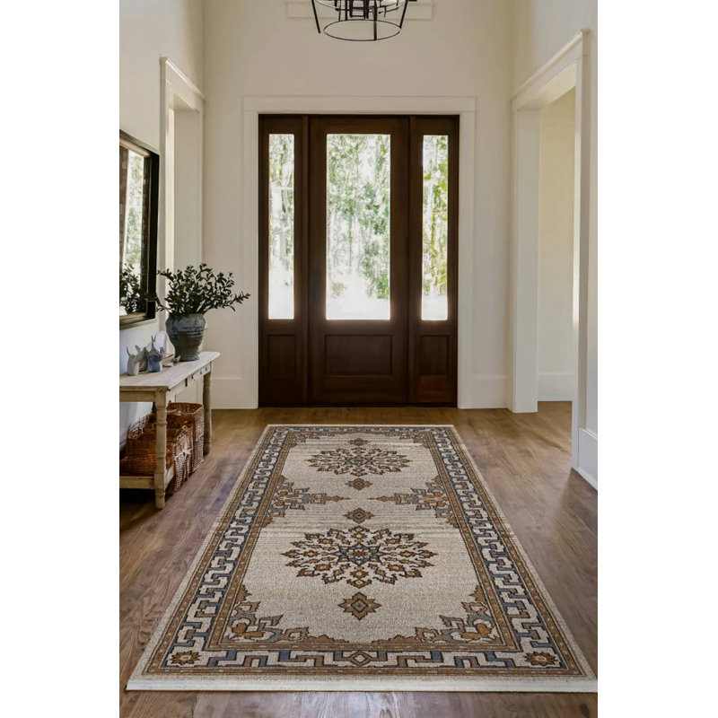 Minisisi Collection Digital Print Cotton-Polyester Beige Brown Moroccan Rug, Round 3'4"