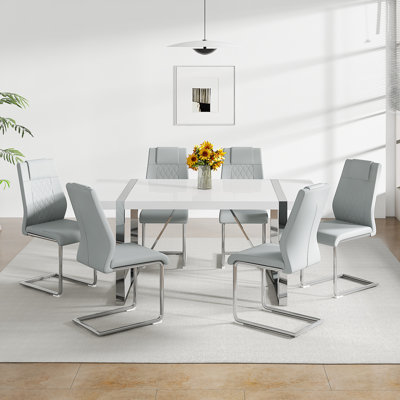 55" Dining Table Set, Wood Kitchen Table And Chairs Featuring A Thick Lacquered MDF Top, Sturdy Metal Frame, And Faux Leather Chairs