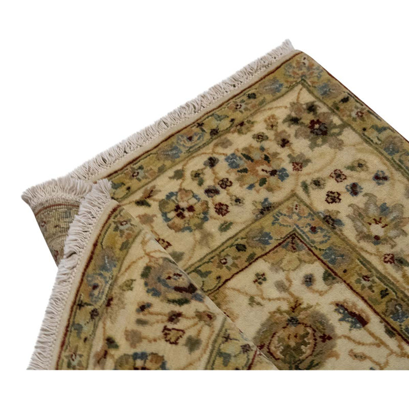 Tapis crème / beige en laine noué à la main de conception unique 4 pi 1 po x 6 pi
