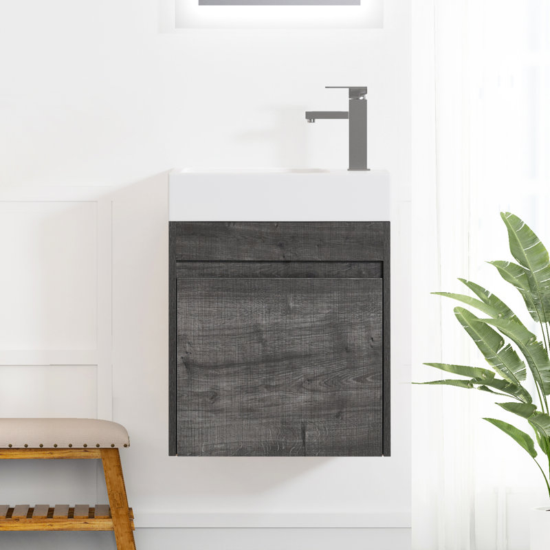 Meuble-lavabo mural profond de 17,76 po de profondeur avec lavabo en résine blanche, porte à fermeture douce et capacité de rangement de 18 po