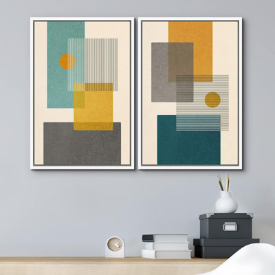 Abstract Vibrant Color Blocks " Mid-Century Green and Yellow Polygon Collage Abstract Shapes Modern " 2 Piece Art Graphic Art Print