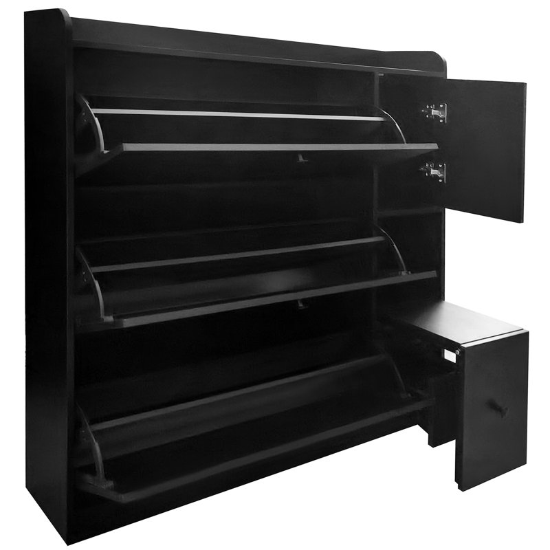 3 Flip Drawers Shoe Cabinet With Pull-down Seat In Black Modern Style Functional Hallway Shelf And Useful Compartments, Black