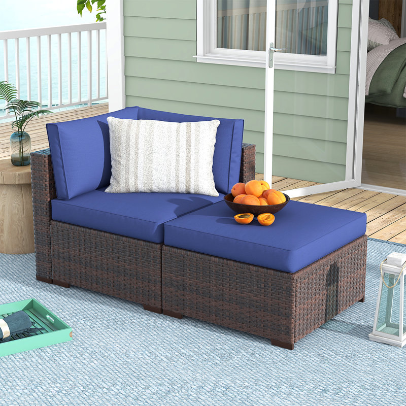 Chaise de patio avec coussins et repose-pieds, Coussin bleu marine / structure brune